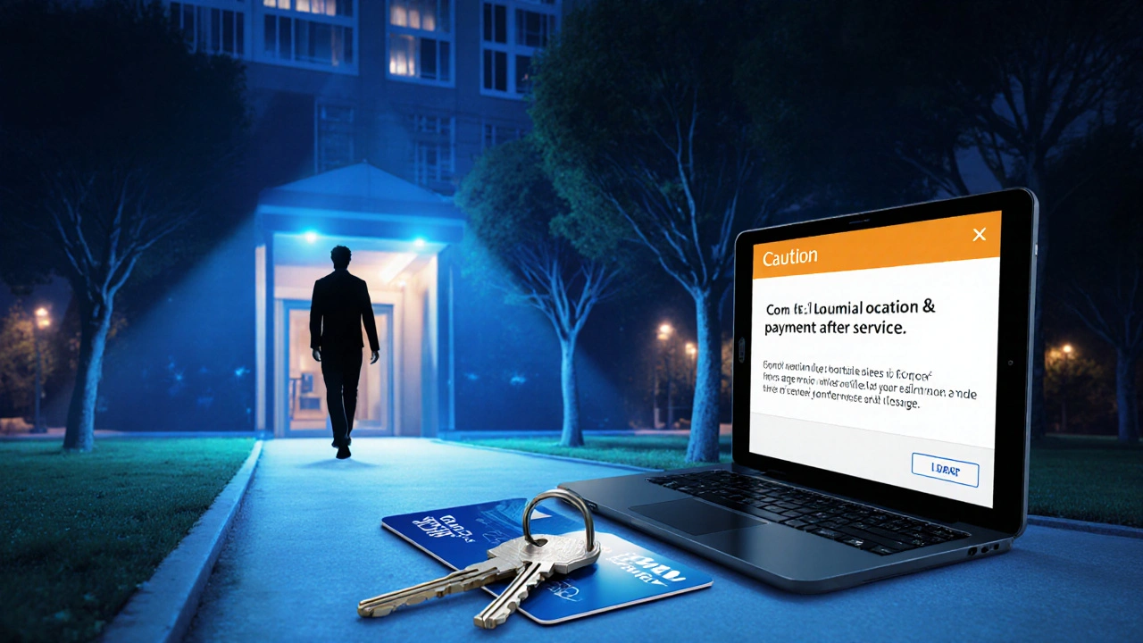 Keys and a smartphone on a hotel keycard, with a safe path leading away from a dark park at night.